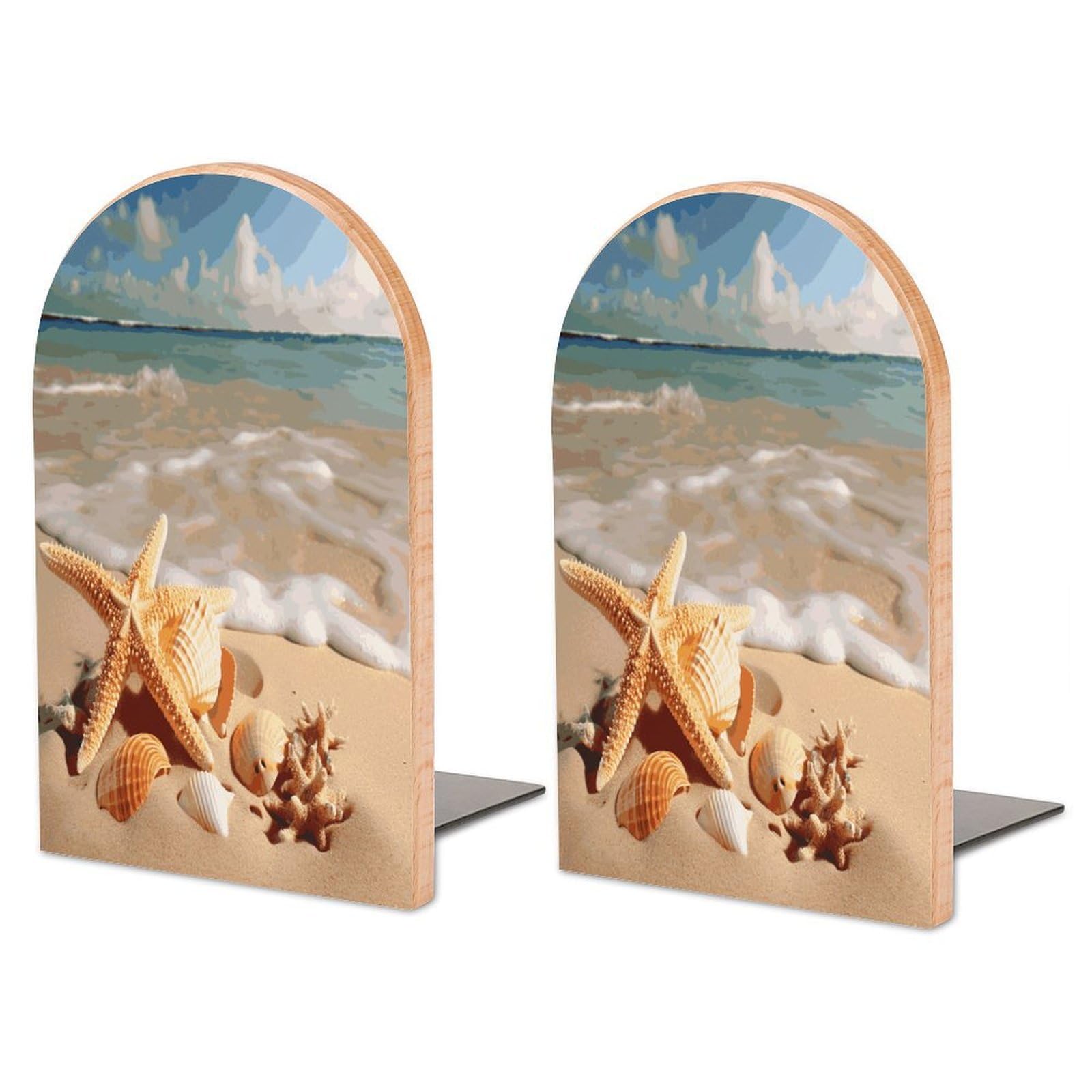 Seashells Starfish on Beach Bookend for Shelves Non-Skid Book Holder Modern Heavy Duty Bookend Stopper Metal Base Wood Book End Books Shelf Holder Home Decorative 1pair 6.7x3.9x4.7