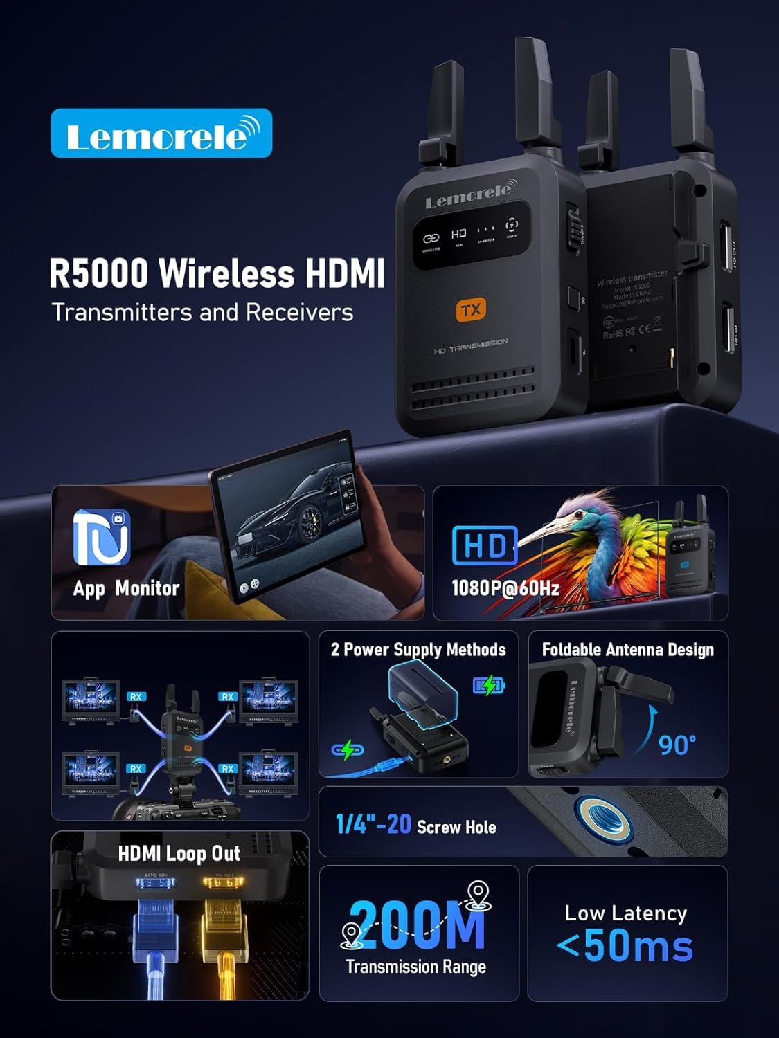 Trasmettitore Ricevitore Video HDMI Wireless Lemorele R5000, Portata 200 m, Doppia Antenna 5G Hz, Latenza 50 ms, Supporto fino a 4 Ricevitori, con App Mobile