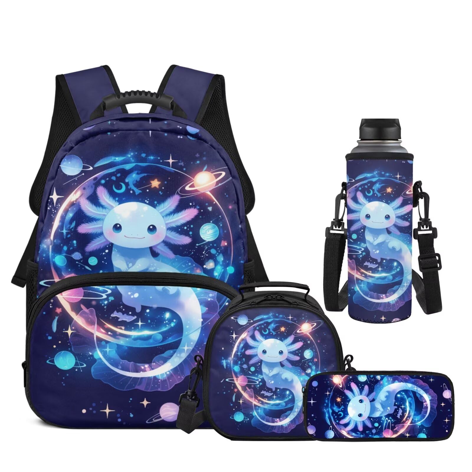 HUIACONG Axolotl Space Backpack and Lunch Box for Girls Teen Glalaxy Bookbag for Middle High School College 17inch Laptop Backpacks Back to School