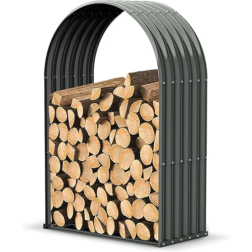 A ANLEOLIFE Galvanized Steel Firewood Storage Shed Outdoor Corrugated Metal Log Rack, Heavy Duty Log holder Lumber Storage Stand -Arch Gray