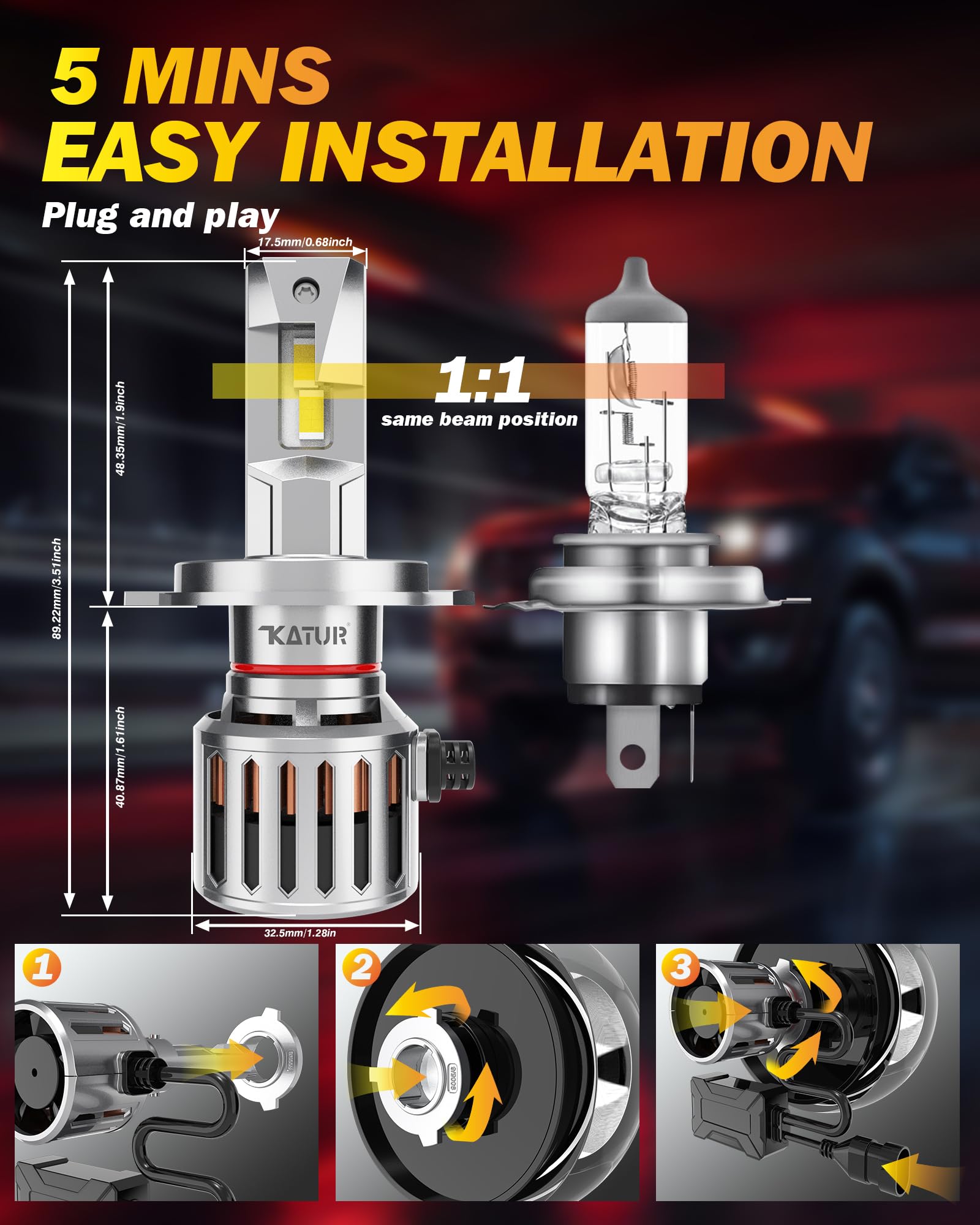 KATUR Ampoule H4 Led Voiture, 200W 40000LM 6000K Blanc 900% de luminosité Super Bright Angle de faisceau ajustable à 360 degrés 12V 24V Ampoule Led H4 Voiture Anti Erreur Kit de conversion, 2 pièces