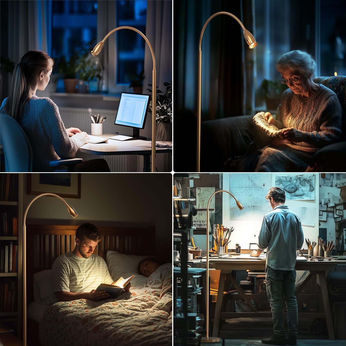 Reading Floor Lamp, 73" Standing Lamp with Dimmable Zoomable LED Spotlight, Adjustable Color Beam and Flexible Gooseneck, Remote & Pedal Control, for Reading Bedroom Crafting (Antique Brass)