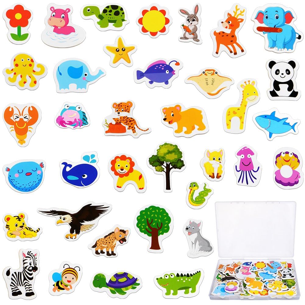 Excefore Wooden Animal Magnets, 36Pcs Cartoon Magnetic Animal Fridge Magnets for Magnetic Whiteboards, Photos, Maps, Office Stickers, Refrigerator Magnets Cute Educational Learning Toys for Kids