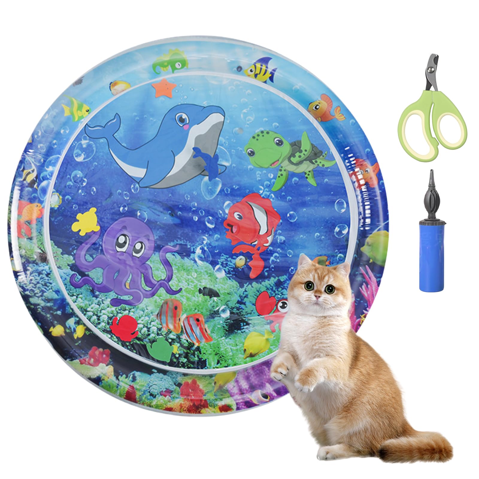 Ocean Breeze Splashland for Cats, 25.6in Cat Water Mat with Fish with Manual Air Pump, Thickened Pvc, Leakproof, Anti-Scratch, Rapid Cooling for Both