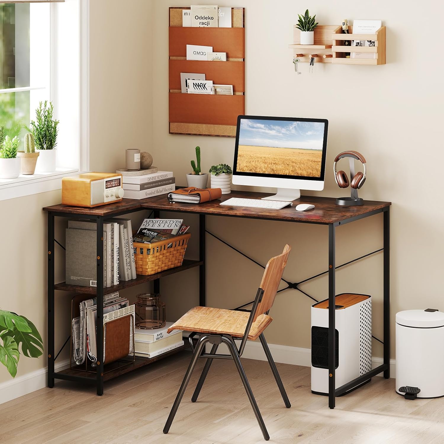 Tangkula L-Shaped Computer Desk with Power Outlets, USB & Type C Charging Port, Reversible Corner Desk with Adjustable Shelf, Heavy-Duty Metal Frame, Study Writing Table for Home Office