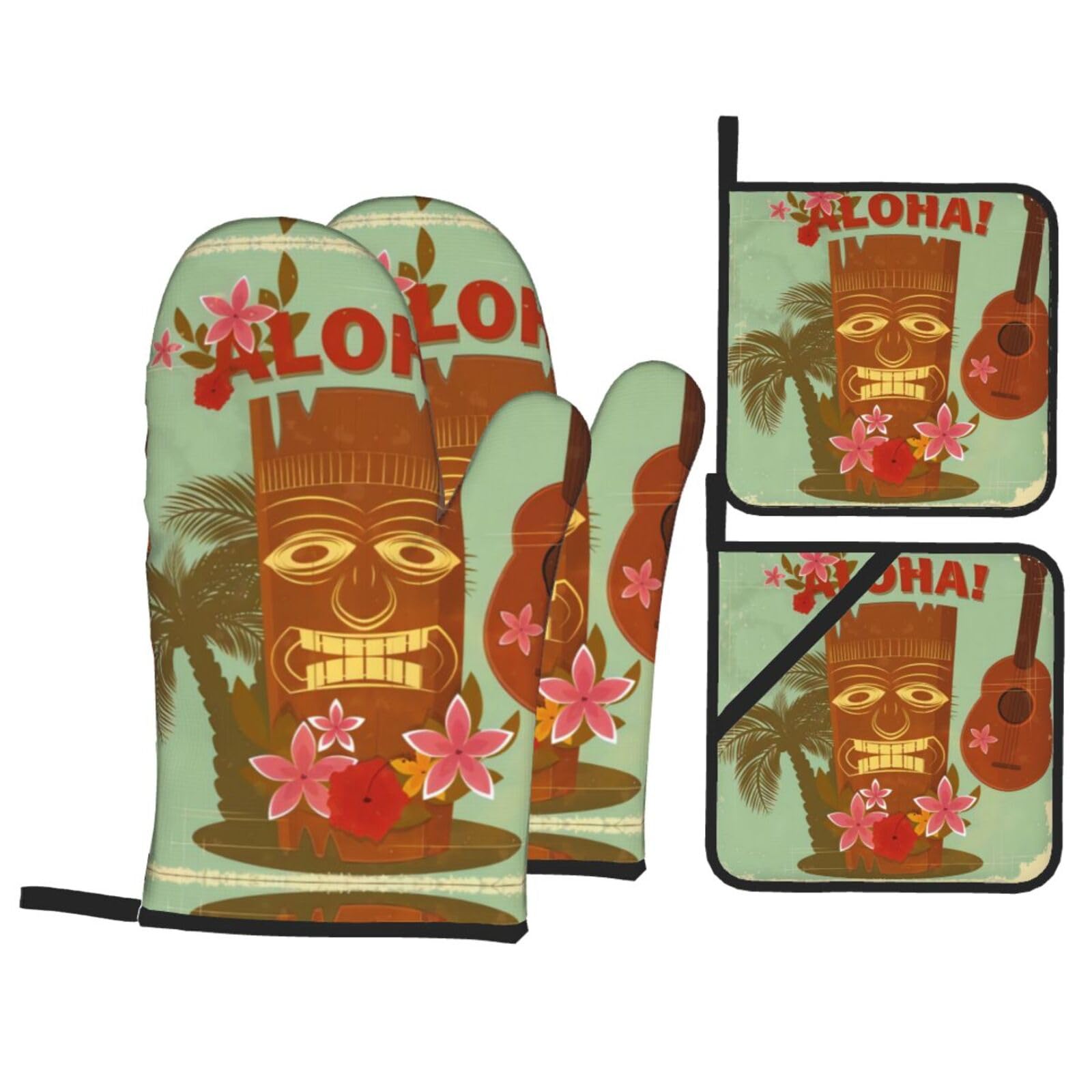 vintage hawaii Printed Baking 4-Piece Set, includes oven mitts and a heat-resistant mat, suitable for oven and BBQ use