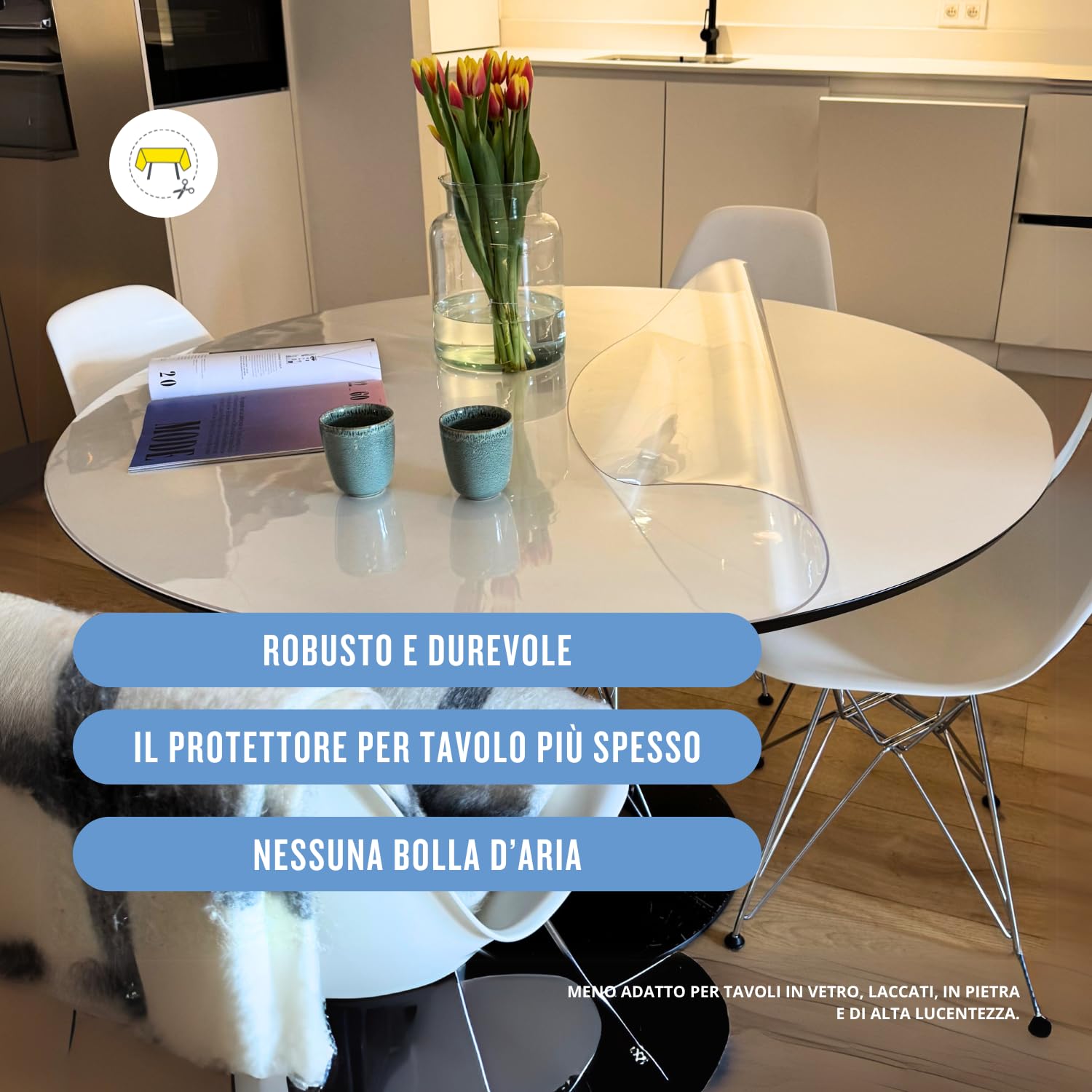 Trente Pellicola per Tavolo Rotonda 160 cm Ø – Spessore 2mm – Protezione Tavolo con Bordi Smussati – Tovaglia Trasparente Lavabile e Resistente – Pellicola Protettiva per Interno ed Esterno