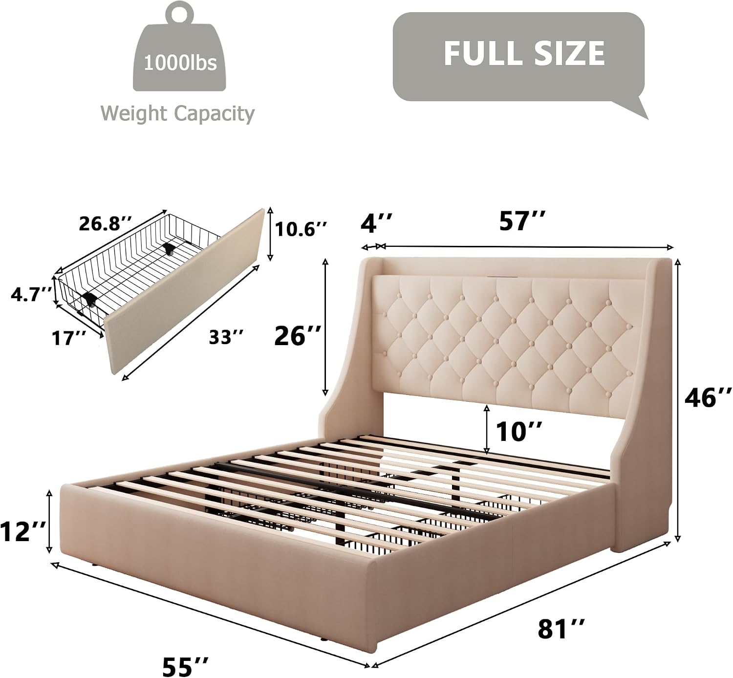 Diagram showing the dimensions of the full size bed frame