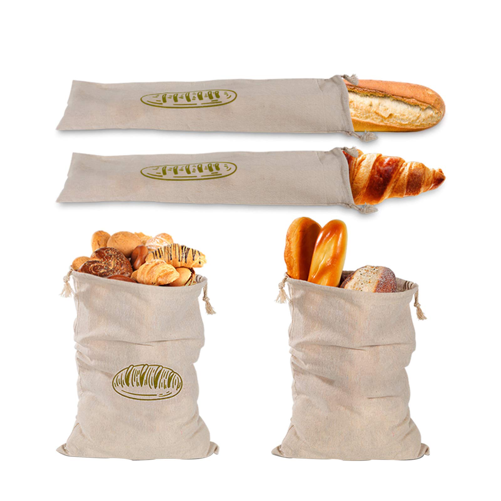 4 Sacs à Pain Réutilisables En Lin - Conservation Fraîcheur - Avec Cordon - Pour Baguettes, Fruits, Légumes