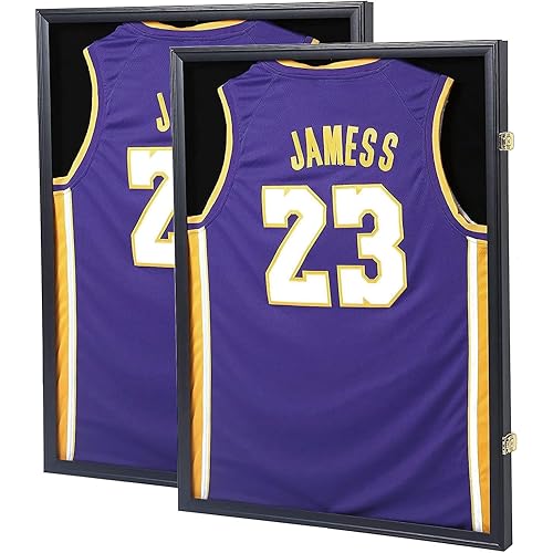 Jersey Frame Display Case, Large Lockable Shadow Box Sports Jersey Frame with 98% UV Protection Acrylic and 2 Hanger for Baseball Basketball Football Soccer Hockey Shirt,Uniform, Graduates Black