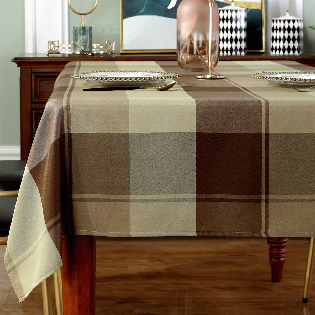 SASTYBALE Tablecloth Checkered Polyester Table Cloth Dust-Proof Wrinkle Resistant Heavy Weight Table Cover for Kitchen Dinning Tabletop Decoration (Square, 52" x 52" (2-4 Seats), Taupe) — image 1
