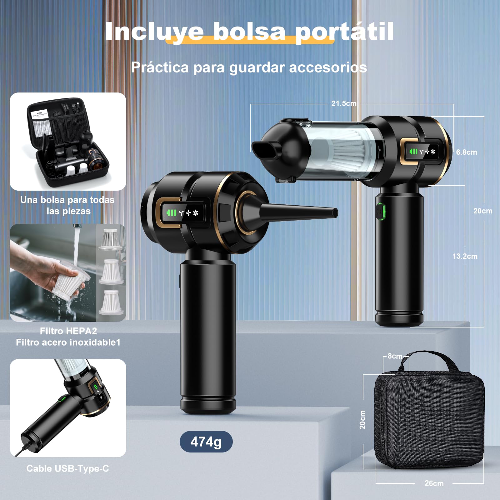 Aspiradora de mano con batería 4 en 1 con pantalla LCD, aspiradora para coche Stark 28000 PA inalámbrico, 3 niveles de 240.000 rpm, mini aspiradora con pantalla para coche, cocina, PC, sofá