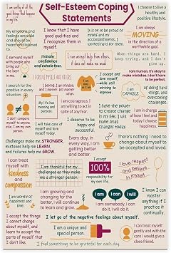 Wall Art Poster Self-Esteem Coping Statements Positive Affirmations For Kids Teens - Coping Skills Poster Handout Quotes Mantra Gift Print Kids Bedroom Room Classroom Canvas Decor Unframe 16x24inch