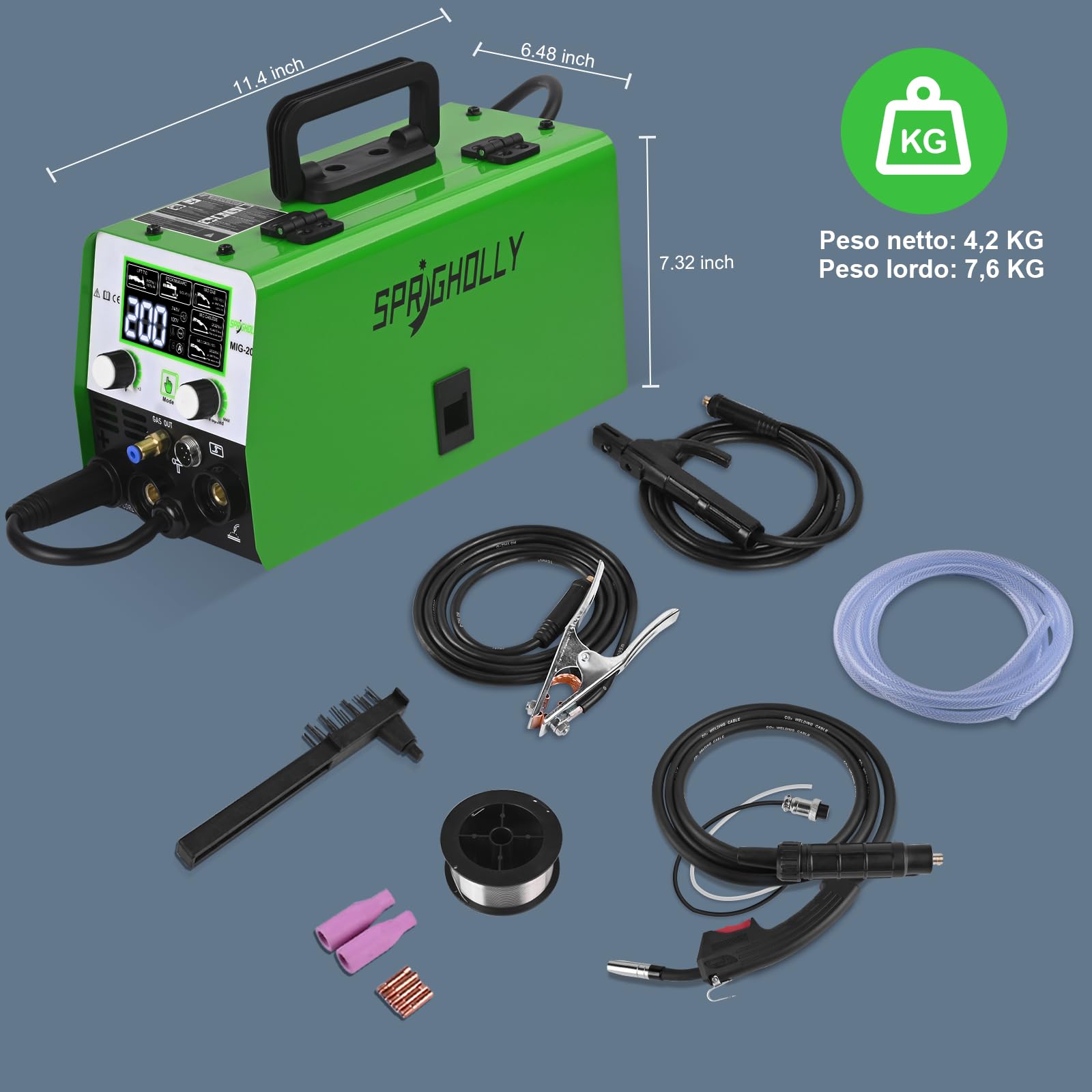 Saldatrice MIG 200 A 240 V, 4 in 1, saldatrice multiprocesso, MIG-gas/saldatura senza gas/Lift-TIG/asta/punti, grande aggiornamento display LED