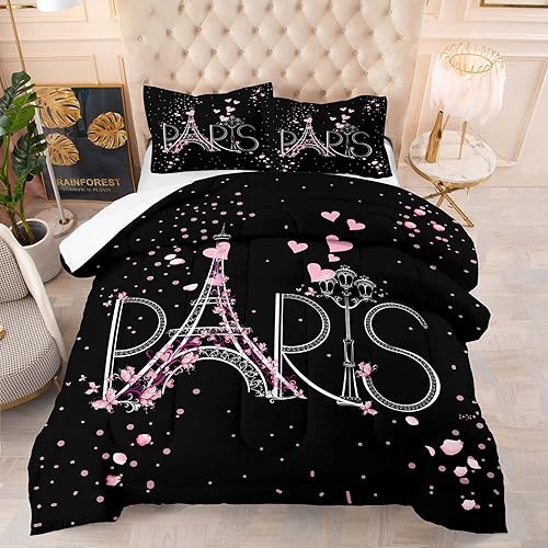 Juego de edredón de la Torre Eiffel, elegante juego de ropa de cama de París con temática romántica, decoración de dormitorio negro y rosa, juego de