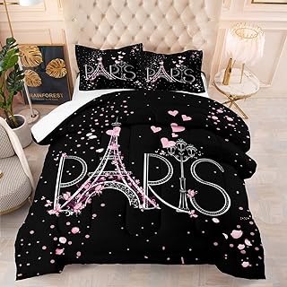 HAOHAY Eiffel Tower Comforter Set Chic Paris Bedding Set Romantic Theme Comforter for Boys Girls Children Teens Black Pink Bedroom Decor Modern French Style Comforter Set Twin Size with 1 Pillow Case