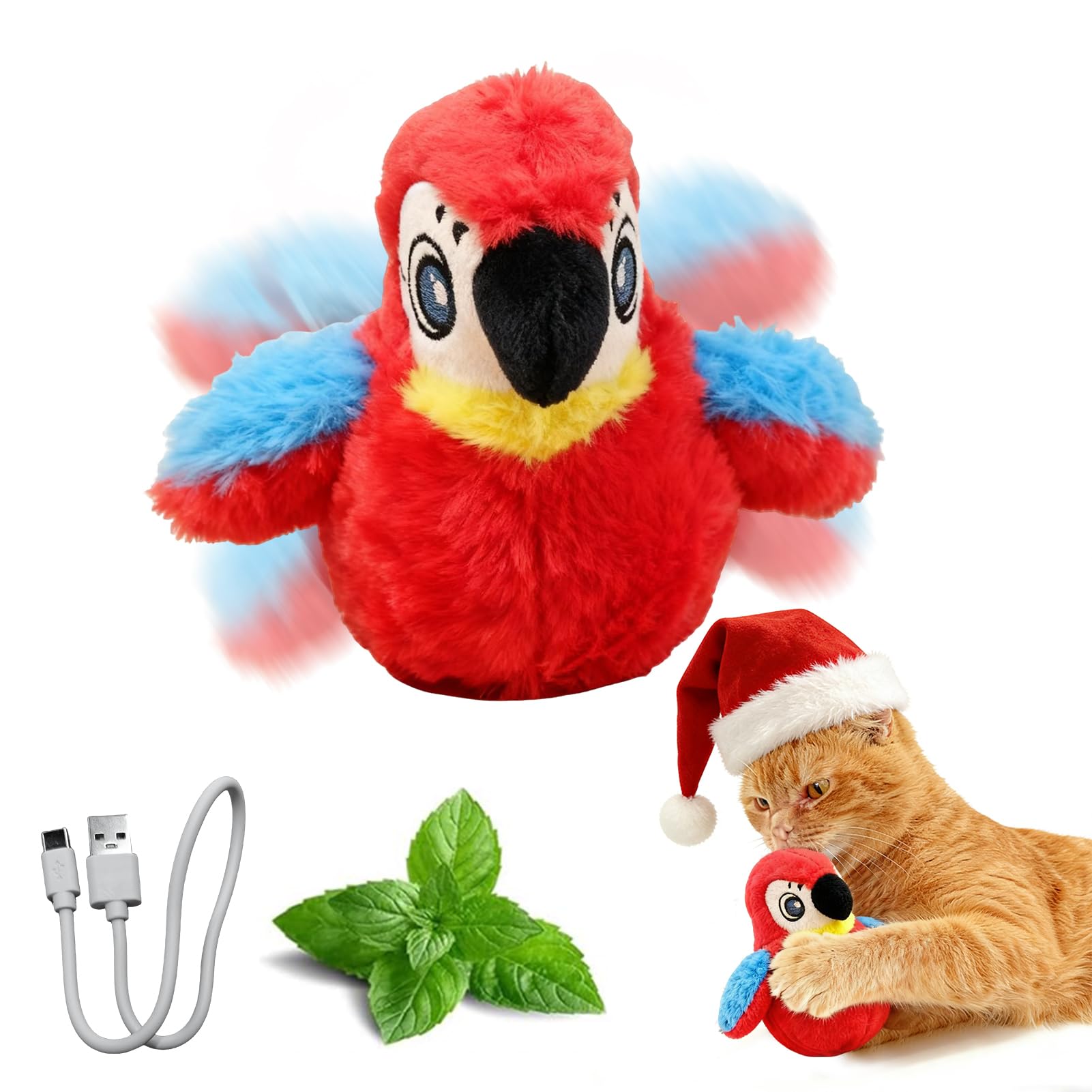 Puffluv Giocattolo interattivo per uccelli volanti a forma di pappagallo, 3 modalità, ricarica USB con erba gatta per gattini al coperto divertimento attivo