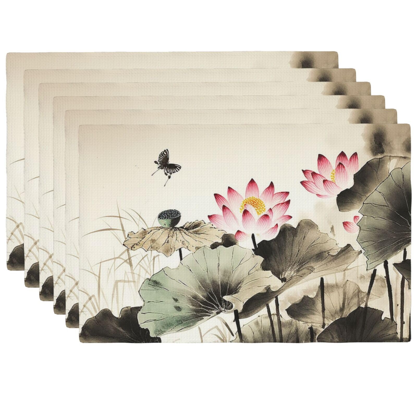 Sets de table en lin synthétique motif lotus 45x30 cm lavables | Lot de 6