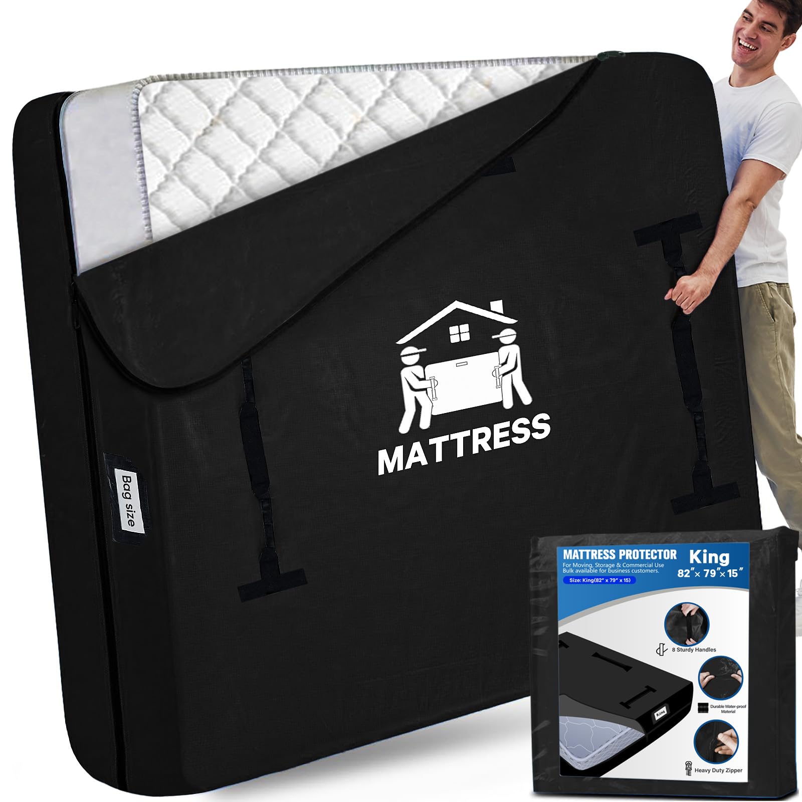 Mattress Bags for Moving, BETU Mattress Protector Waterproof Mattress Cover King Size Storage Bags with 8 Heavy-Duty Handles and Zipper for Bed Extra Thick Large Reusable, (82"x79"x15"Classic Black) King 1 Pack (82"x 79"x15") Classic Black