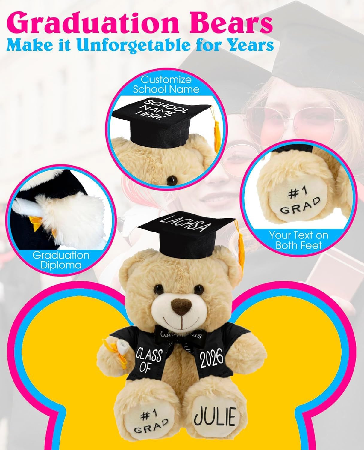 Printualist Personalized Graduation Teddy Bear Gift 2026 for Her Him, College, High School, 12 Inch - Cute Custom White Bear with Black Gown Add Your Name and Year on the Feet