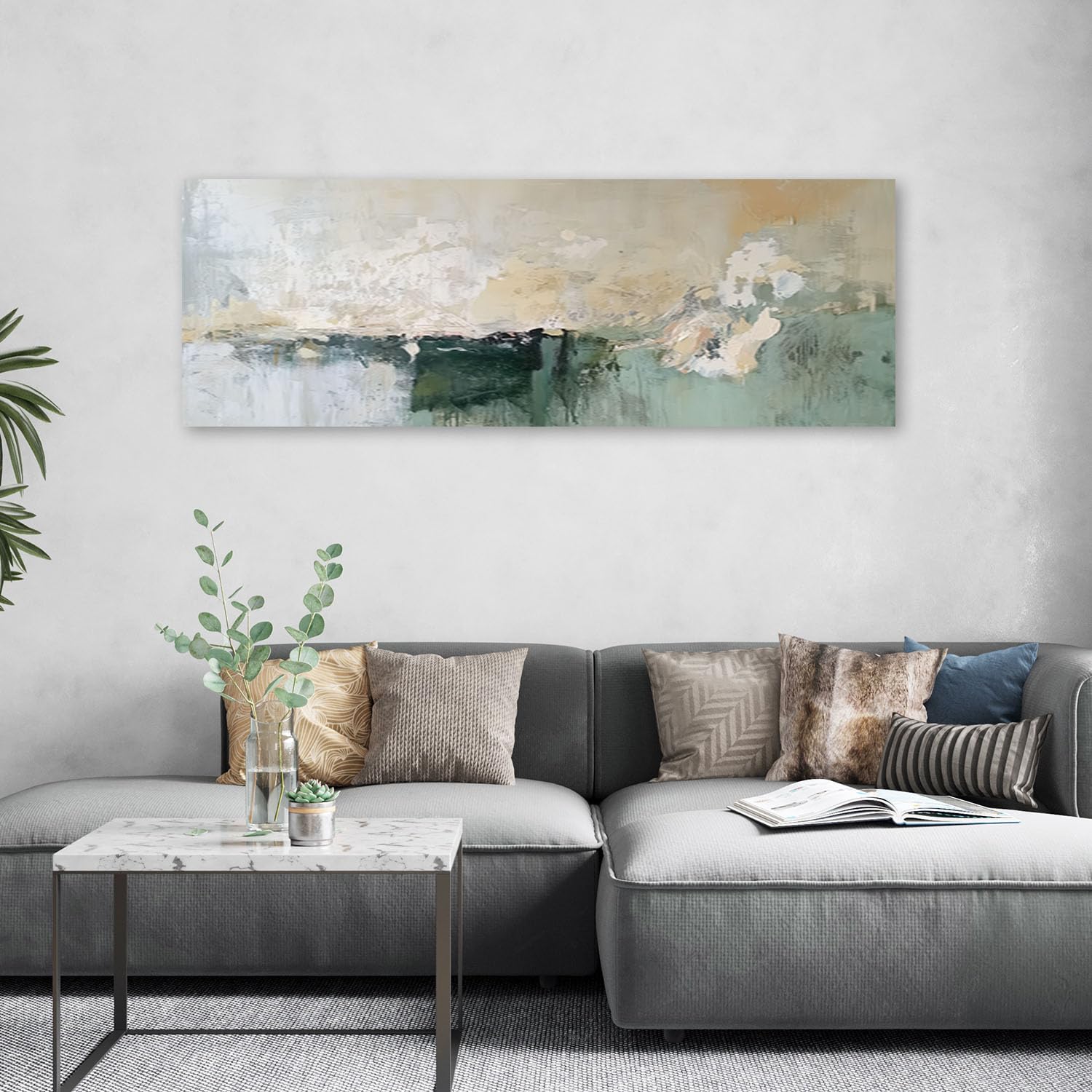 Feeby Wandbilder - Bilder Schlafzimmer - Grün Beige Abstrakt Modern - 150x50 1tlg - Wohnzimmer Bild Groß - Wohnungs - Foto Geschenk - Leinwand Wall Art - Wand Deko