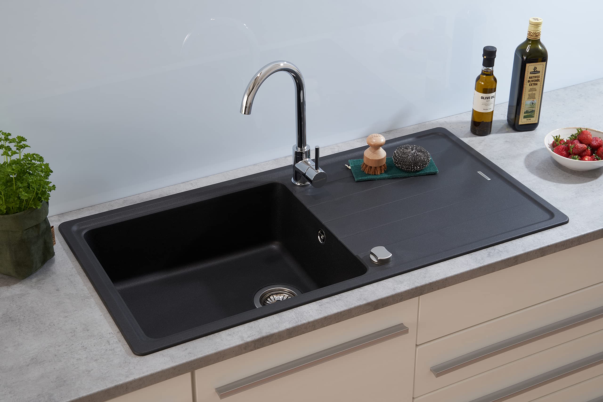Respekta Columbia Massivgranit Spüle in Schwarz / 1 Becken Einbauspüle in 100 x 50 cm/Spülbecken geeignet für Unterschränke ab 60 cm Breite