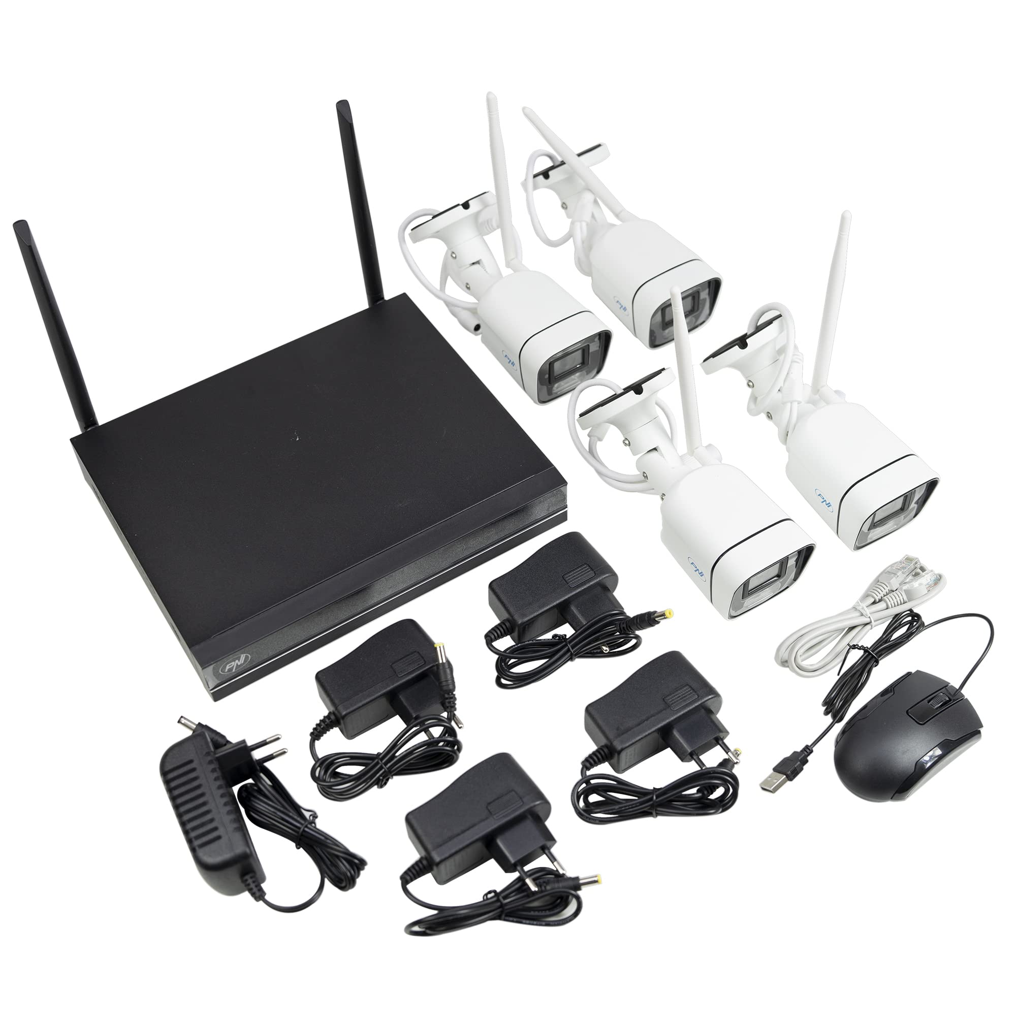 PNI House WiFi660 Kit di videosorveglianza NVR 8 canali e 4 telecamere wireless da esterno 3MP, P2P, IP66