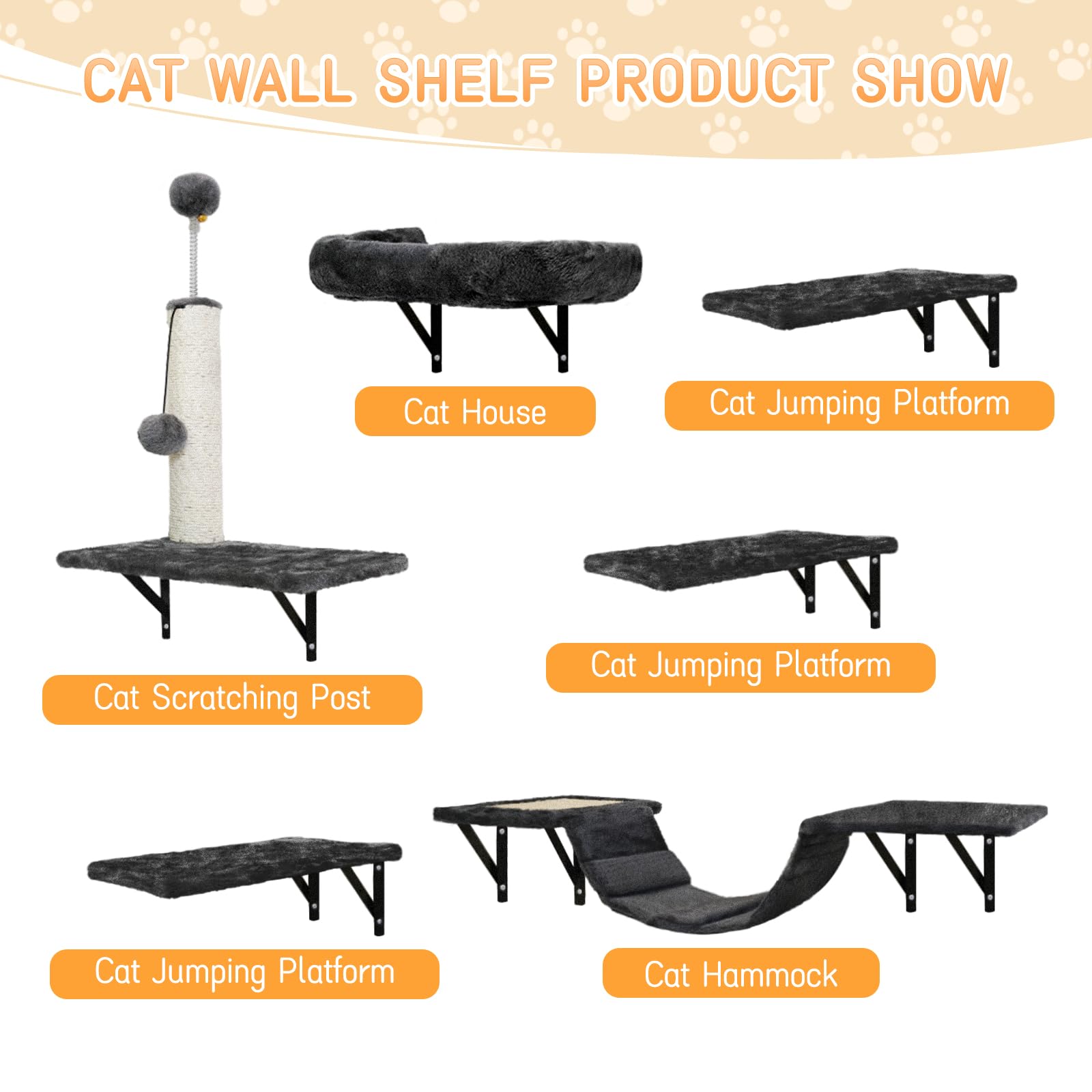 Kletterwand Katzen Set-Katzenbaum,6-Teiliges Wandregale, Wandpark mit Katzensalon, Katzenbrücke, Katzenbaum, Katzentreppe und Kratzbrett bis zu 13 kg Frühlingsbälle für Katzen