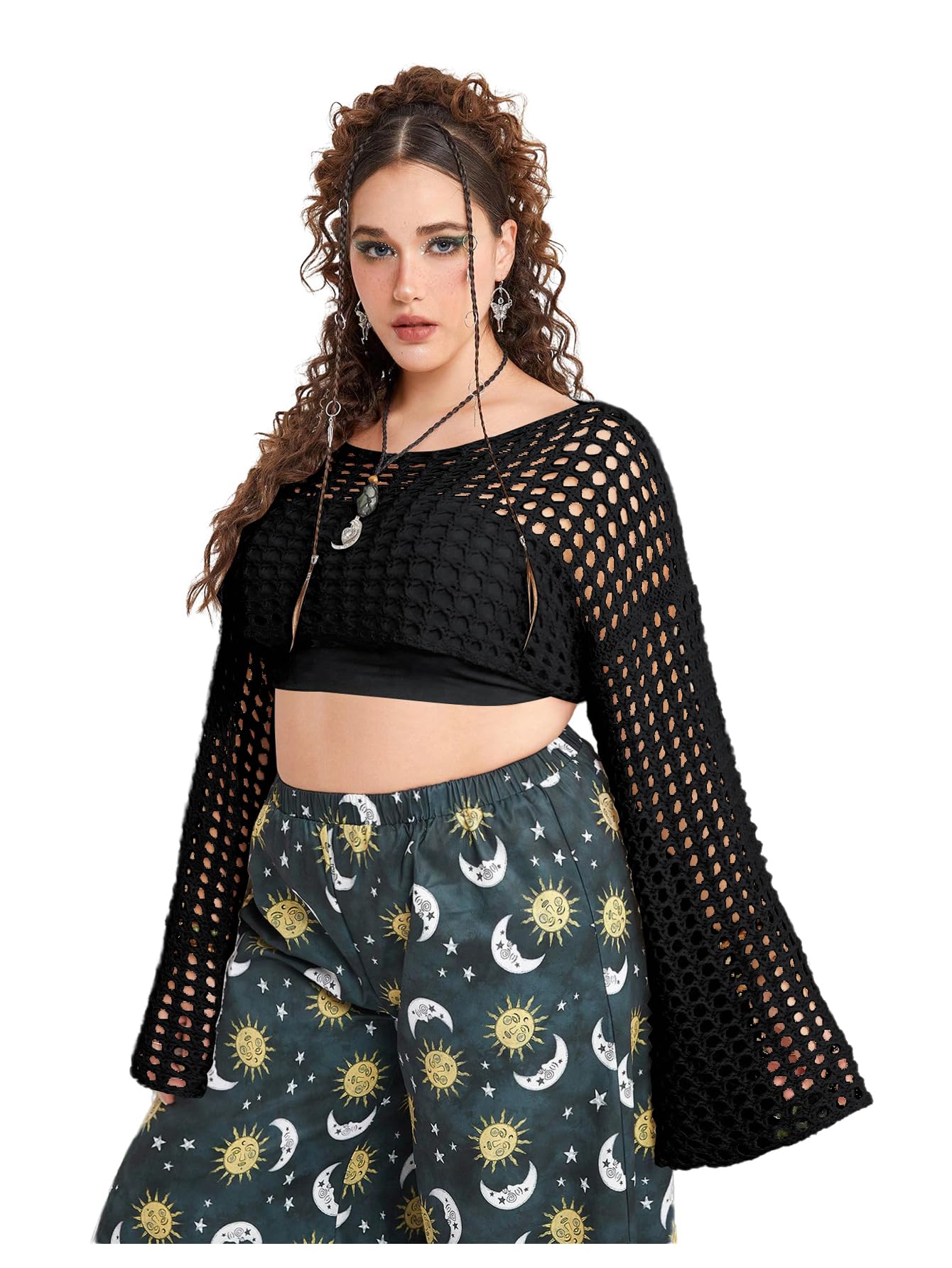 COZYEASE Womens Plus Size Y2K Hollow Out Long Sleeve Shrug Boat Neck Knit Crop Top Crochet Pullover Sweater