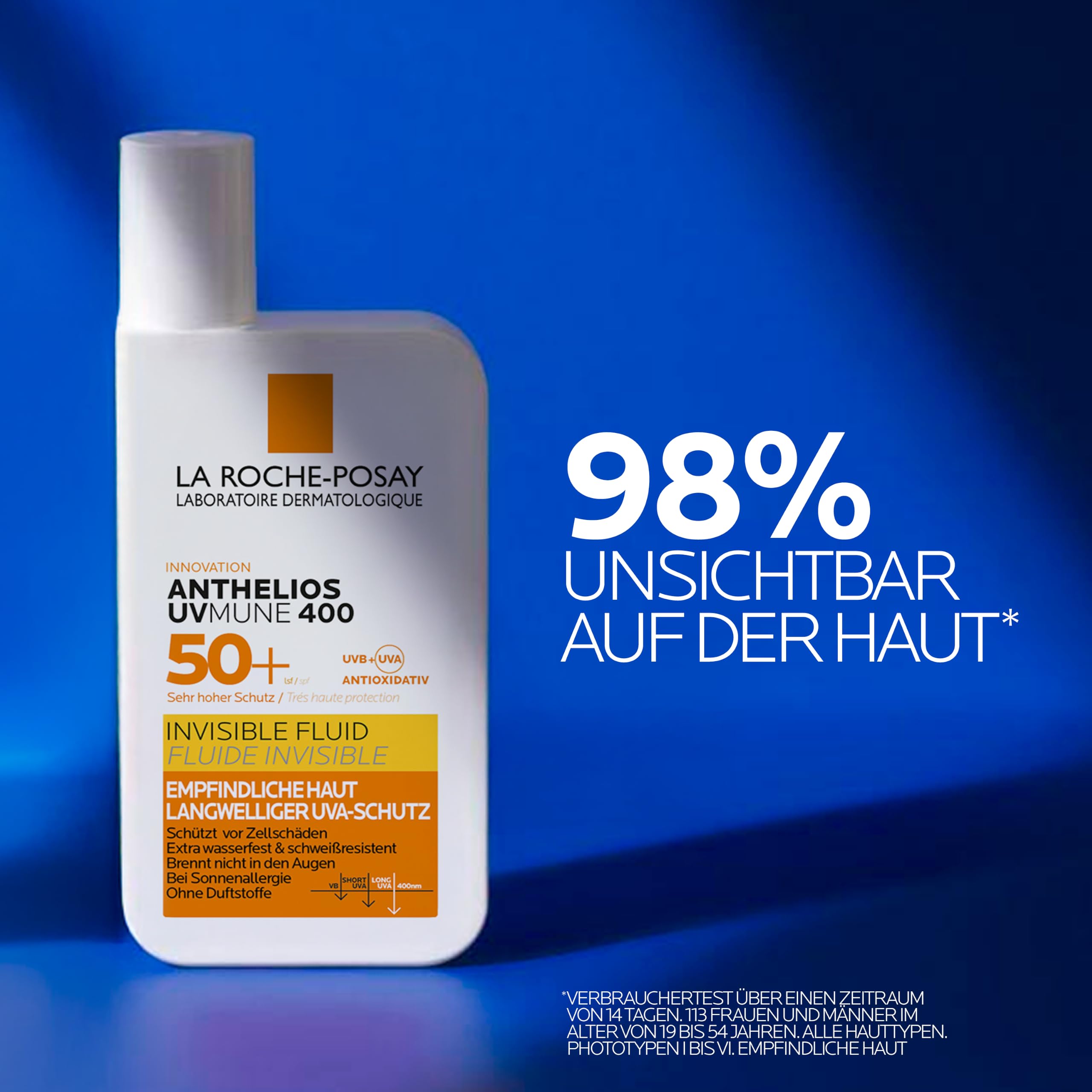 La Roche Posay Sonnenfluid für das Gesicht für zu Sonnenallergie neigende und empfindliche Haut, Mit innovativem UV-Filter Mexoryl 400 LSF 50+, Anthelios Invisible Fluid UVMune 400, 50 ml