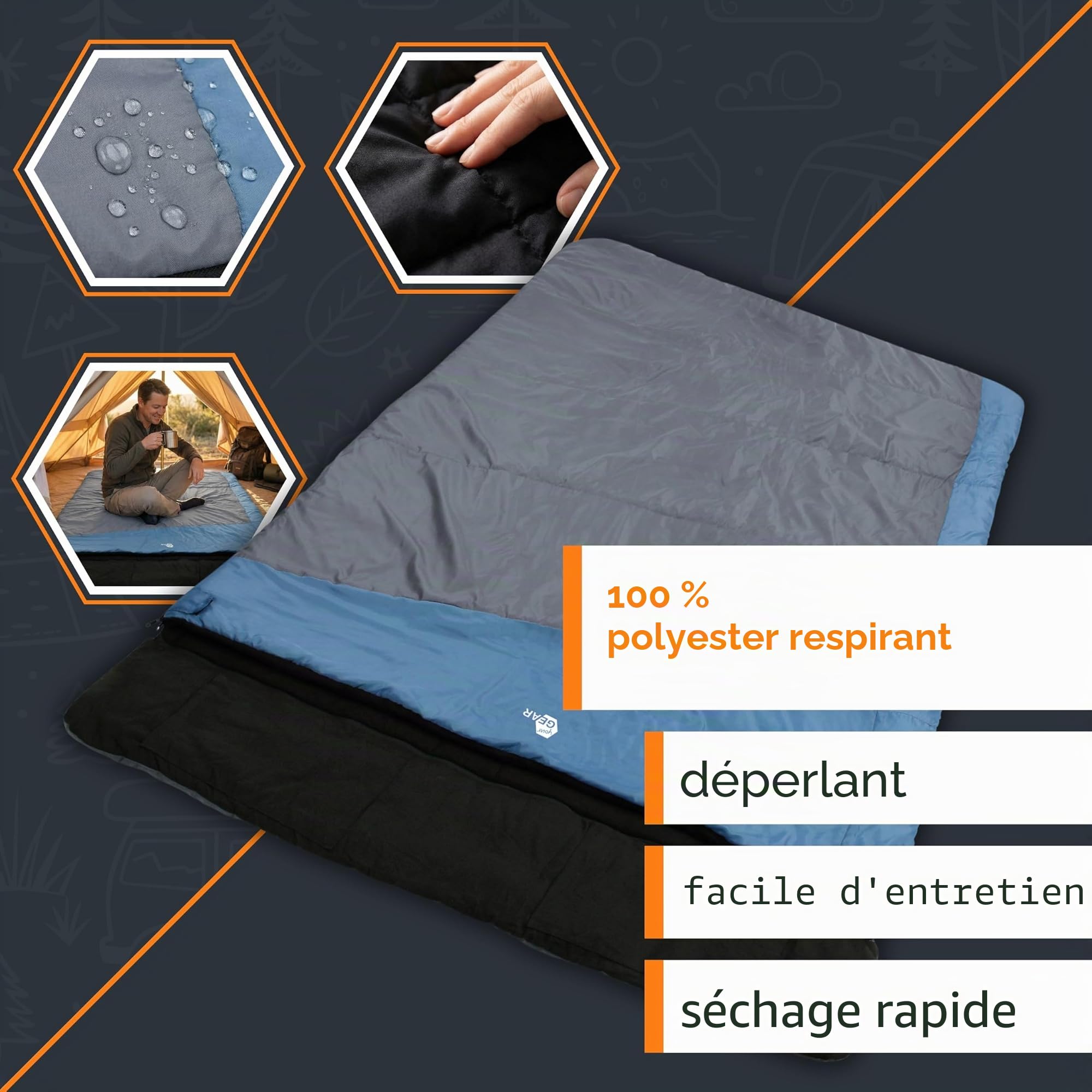 your GEAR Sumatra Duo Sac de couchage double pour 2 personnes avec 100 % flanelle de coton - Sac de couchage XXL divisible en 2 sacs de couchage simples - 3 saisons - Confort +10 °C/extrême -7 °C