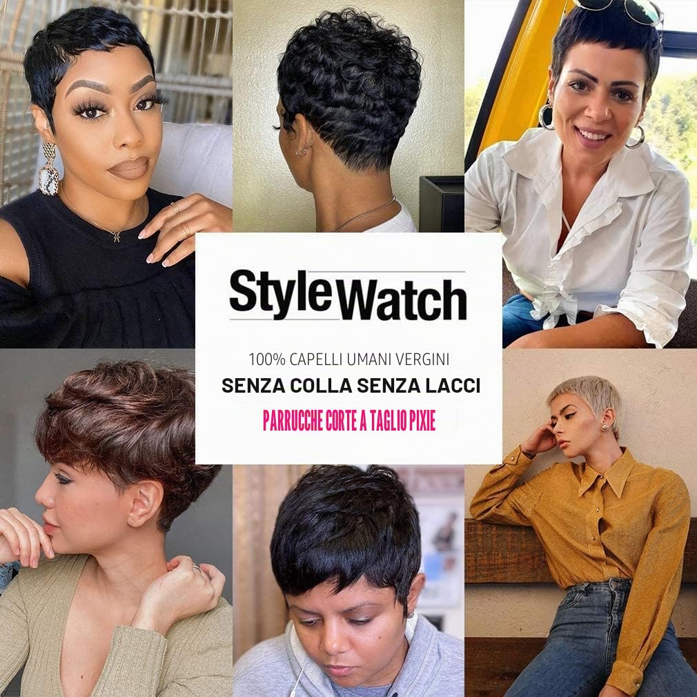 Short Human Hair Wigs for Women Parrucca Donna Capelli Veri Umani Corti Pixie Cut Wigs with Bangs Straight Boy Cut Ladies Wigs Nero Natural 1B