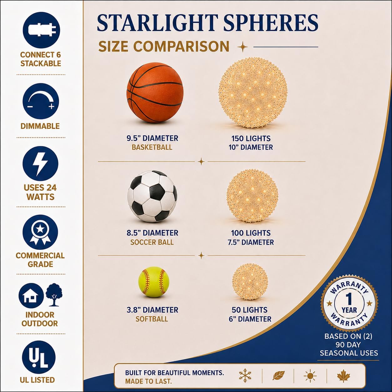 10in 150 Light Starlight Sphere, Multicolor, Extra Large Ornament Ball Light, 5ft Hanging Cord with S Hook, 12ft Power Cord with Stackable Plug, Commercial Grade
