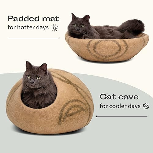 Miniatura 5 de MEOWFIA Cama de fieltro prémium para gatos hecha a mano 100 lana merino para gatos y gatitos tonos claros tamaño mediano duna arena