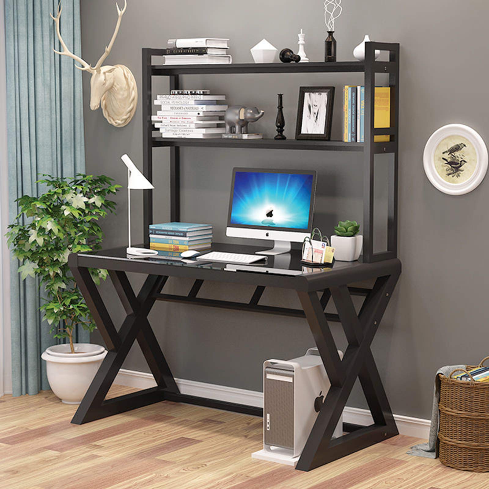 Buy URRED Computer Desk with Shelves Glass Top and Metal Frame Black