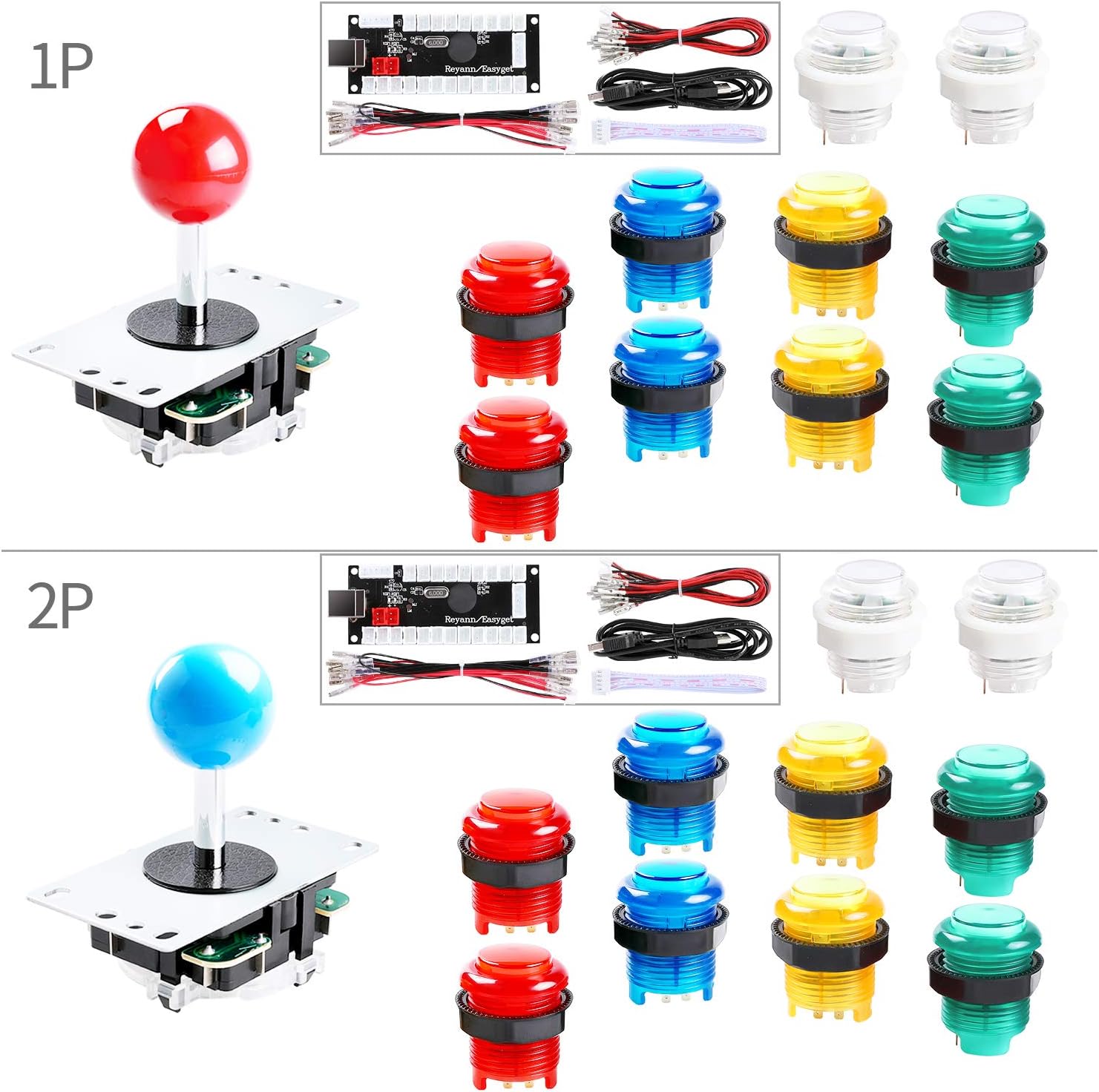 Hikig 2-Player LED DIY Arcade Kit for PC, MAME, Raspberry Pi 2X Zero Delay USB Encoder + 2X Arcade Joystick + 20x LED Arcade Buttons - Mixed Xbox 360 Controller Color Version