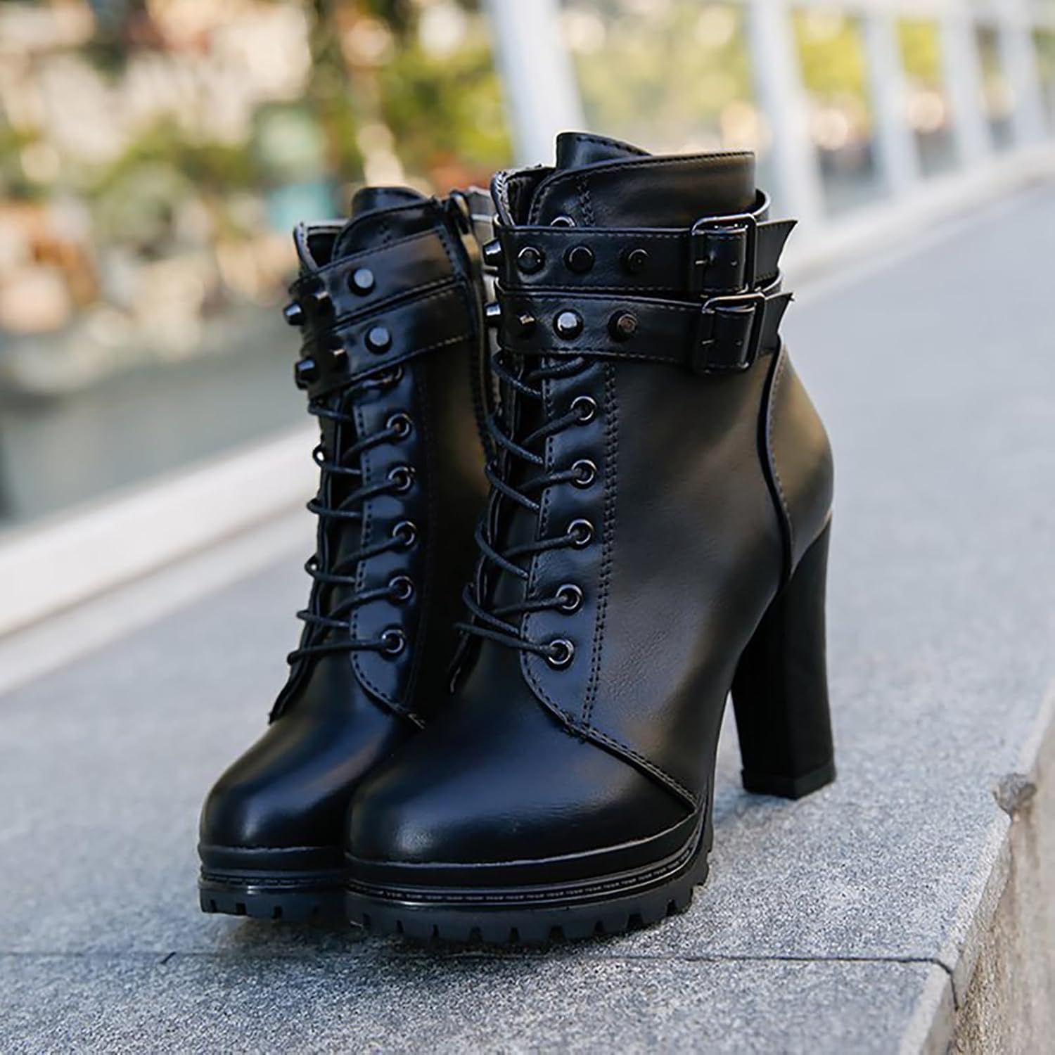 Women's Leather Studded Chunky Heel Ankle Boots with Side Zipper Fashion Round Toe Buckle Strap Lug Sole High Heel Goth Booties for Party Dates Motorcycle Boots