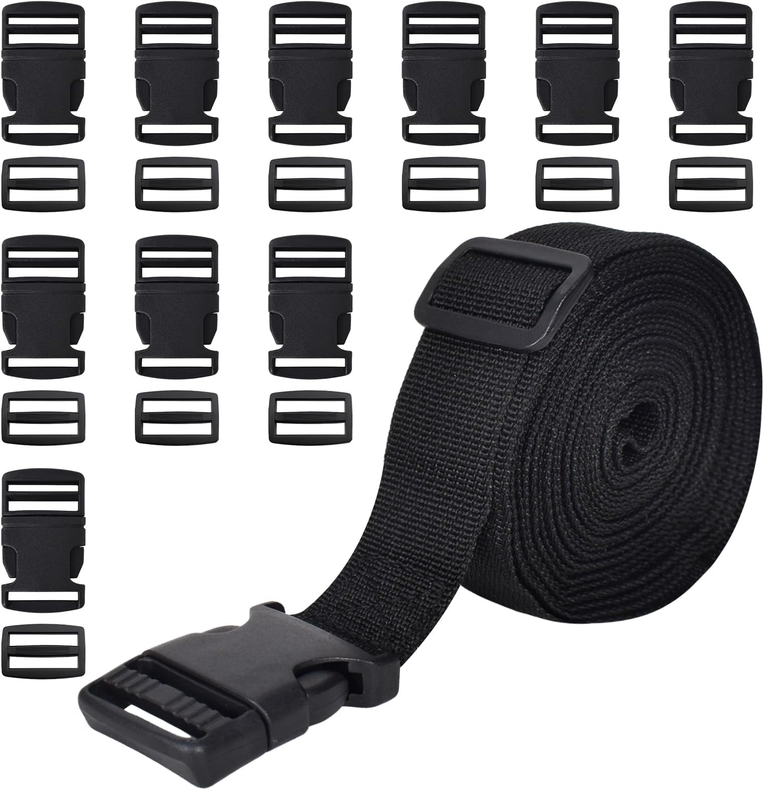 Straps and Buckles Set: 5m *2.5 cm Webbing,10 Pack Side Release Buckle, 10 pcs Tri-Glide Sliders, Plastic Clip Quick Fastener Replacement Heavy Duty Dual Adjustable, for DIY Crafting, Beige,