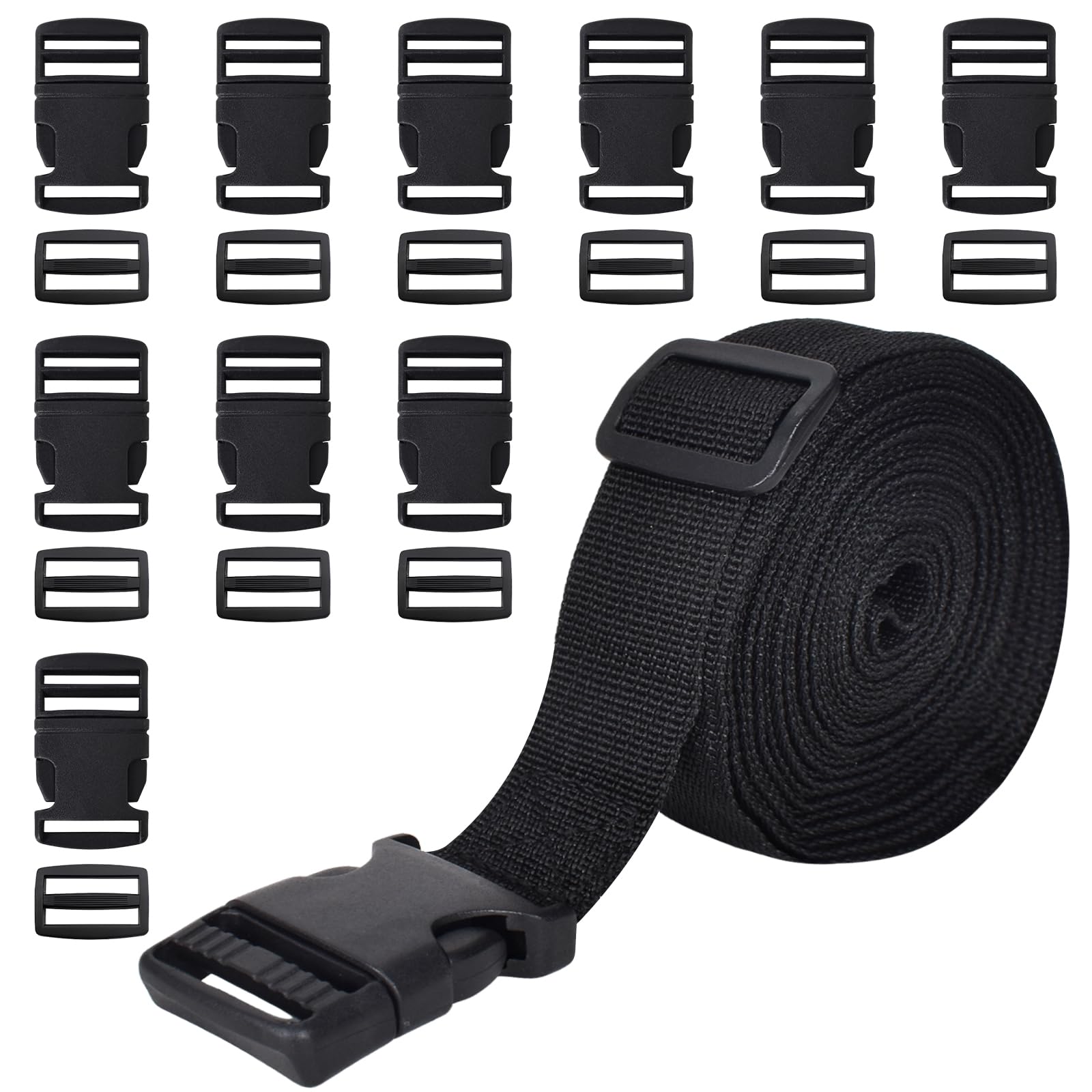 Straps and Buckles Set: 5m *2.5 cm Webbing,10 Pack Side Release Buckle, 10 pcs Tri-Glide Sliders, Plastic Clip Quick Fastener Replacement Heavy Duty Dual Adjustable, for DIY Crafting, Beige,