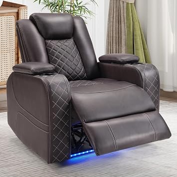 CANMOV Electric Power Recliner Chair with Adjustable Headrest,Breathable Faux Leather Home Theater Seating with Ambient Lighting,Cup Holders,Hidden Arm Storage,USB,Type-C Ports,Brown