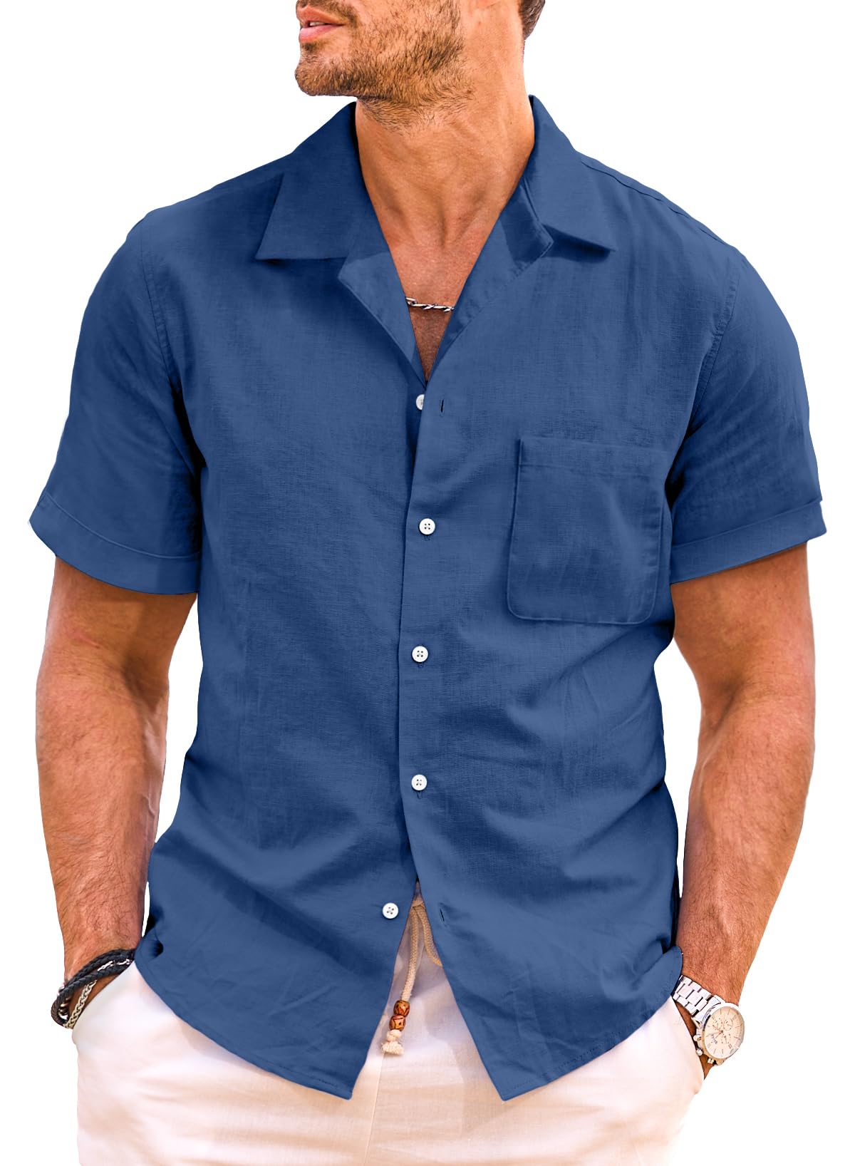 JMIERR Camisa de Lino para Hombre de Manga Corta, Casual y Relajada de algodón para la Playa, clásica y de Corte Regular