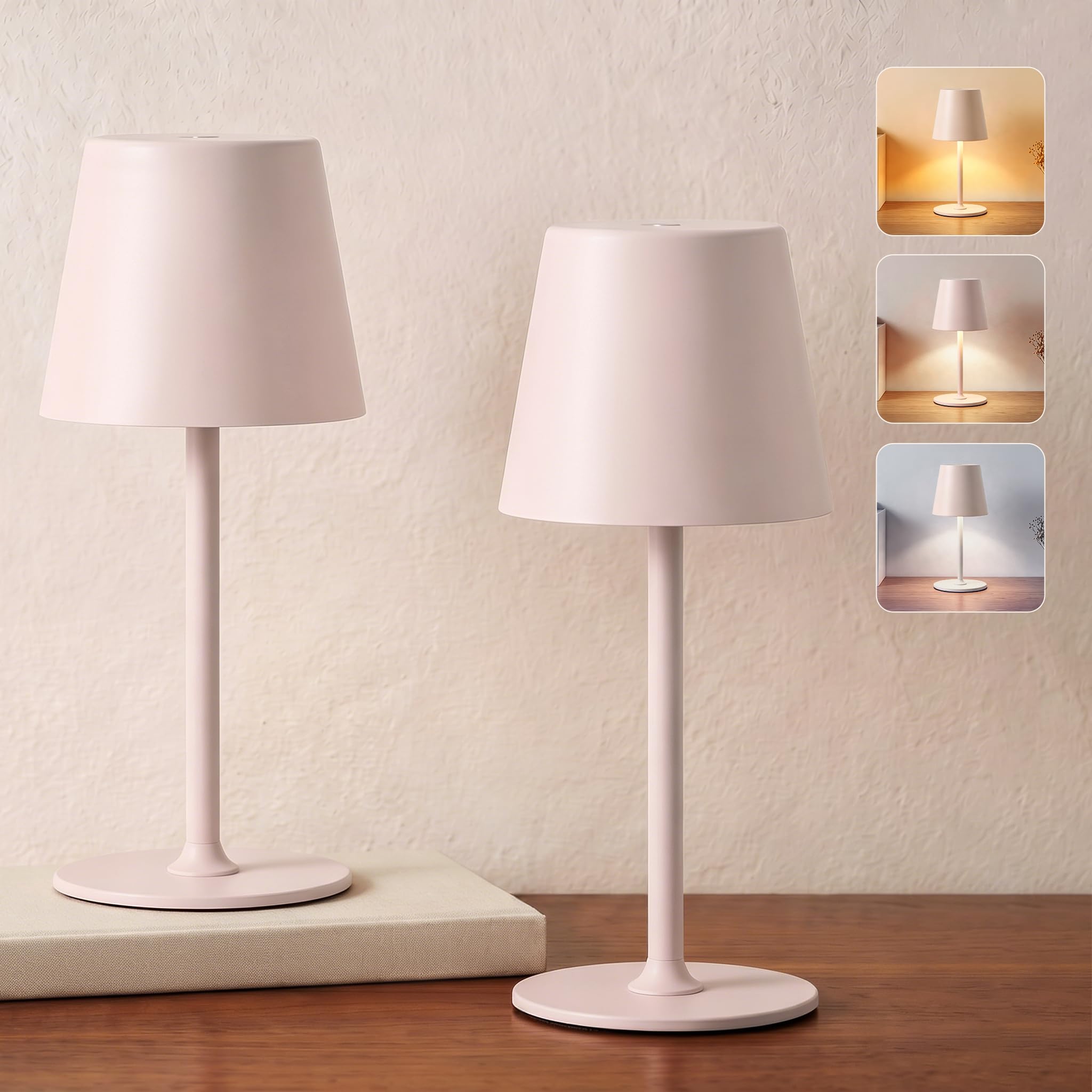UPXNBOR Wireless Table Lamp, Pack of 2, LED Bedside Lamp, Battery Table Lamp, Desk Lamp for Indoor and Outdoor Use, 3 Light Colours, Continuously Touch Dimmable, Full Metal, IP54, 2 Heights, 5300 mAh