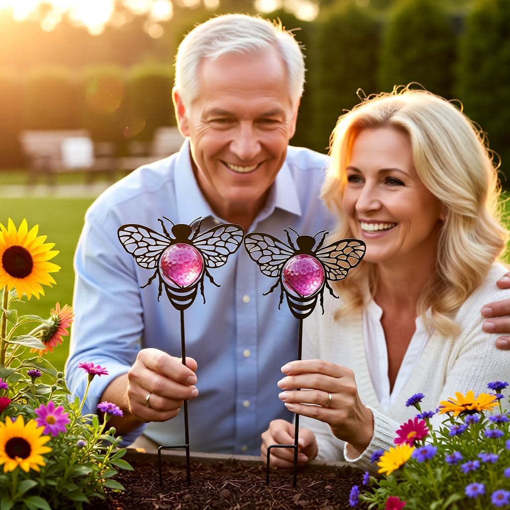 Bee Solar Lights Outdoor Decorations, 2 Pack Metal Iron Solar Stake Lights for Yard, Garden, Lawn Decor