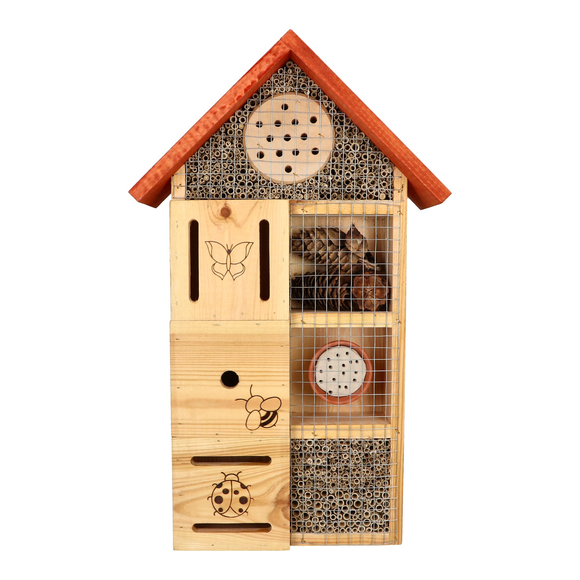 Insektenhotel - Wetterfest - Premium Insektenhotel für Nützlinge 7in1 - Insektenhaus mit Dachkonstruktion aus massivem Laub- und Nadelholz - für Wildbienen, Marienkäfer & Schmetterlinge - Nisthilfe