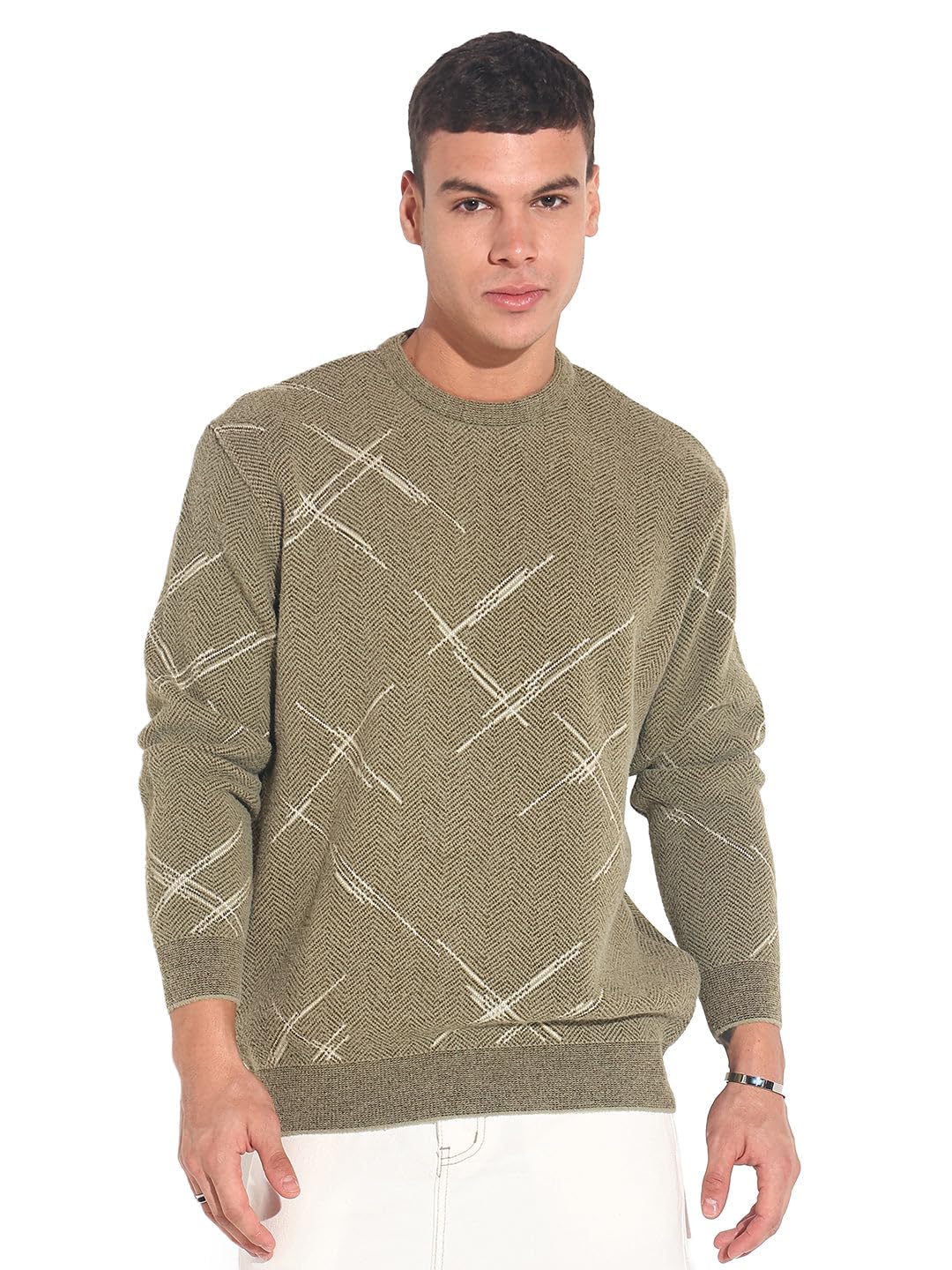 showoffff Edition Men's Abstract Olive Ribbed Round Neck Sweater-LBR-2508_Olive-picture-12