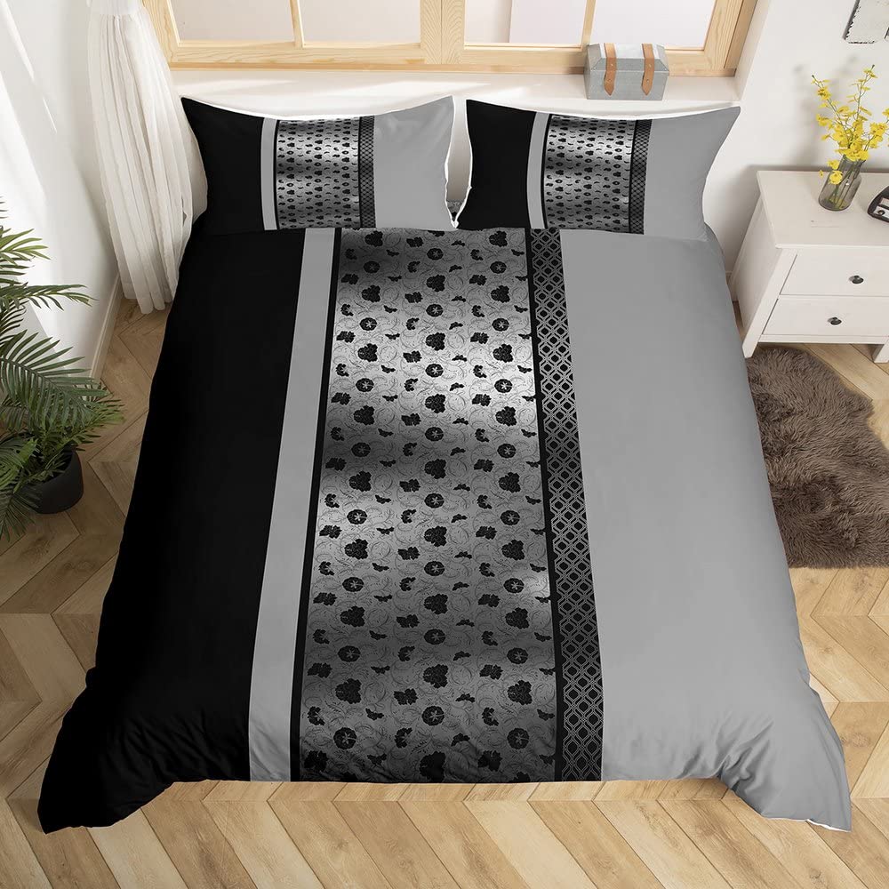 Funda de edredón geométrica negra y gris, funda de edredón vintage para adolescentes, niñas y mujeres, funda de edredón abstracta con rayas cuadradas, juego de ropa de cama con 2 fundas de almohada