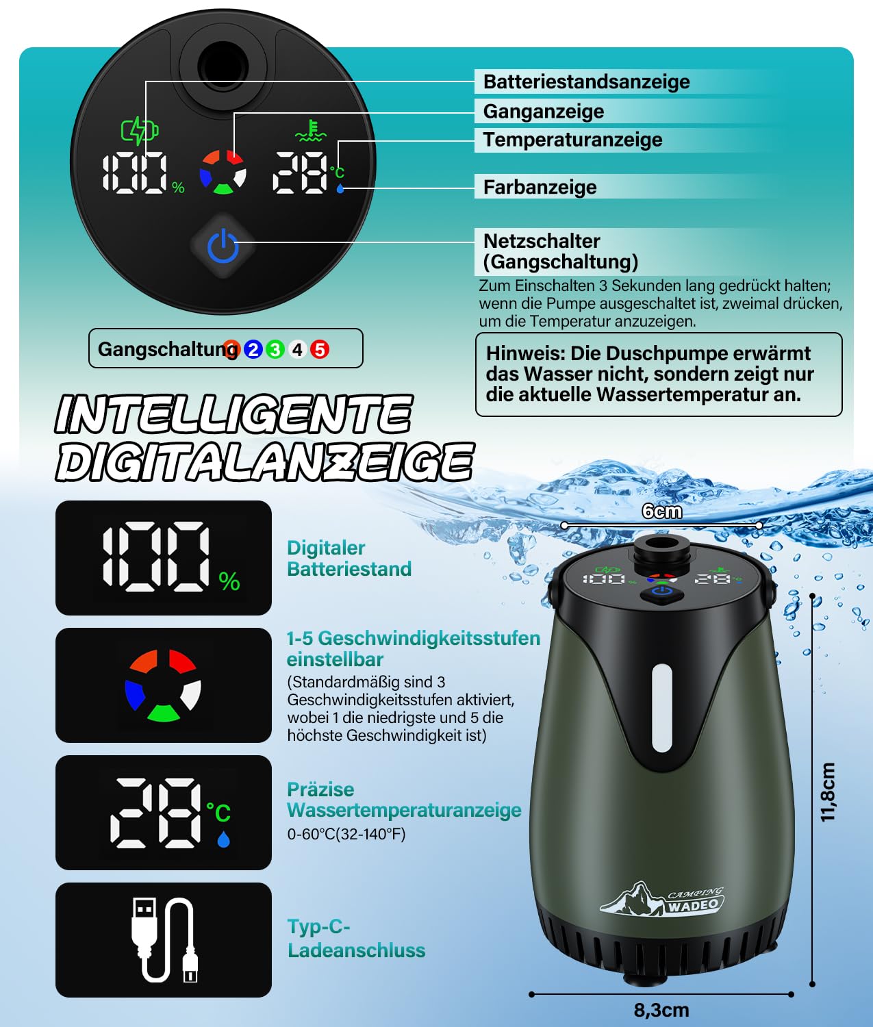 WADEO Campingdusche mit Pumpe und robustem Wassertank 20L, Tragbare Camping Dusche Outdoor Set mit Duschpumpe und Wasserbehälter Kanister, für Camping, Wandern, Garten, Strand, Autowaschen, Notfälle