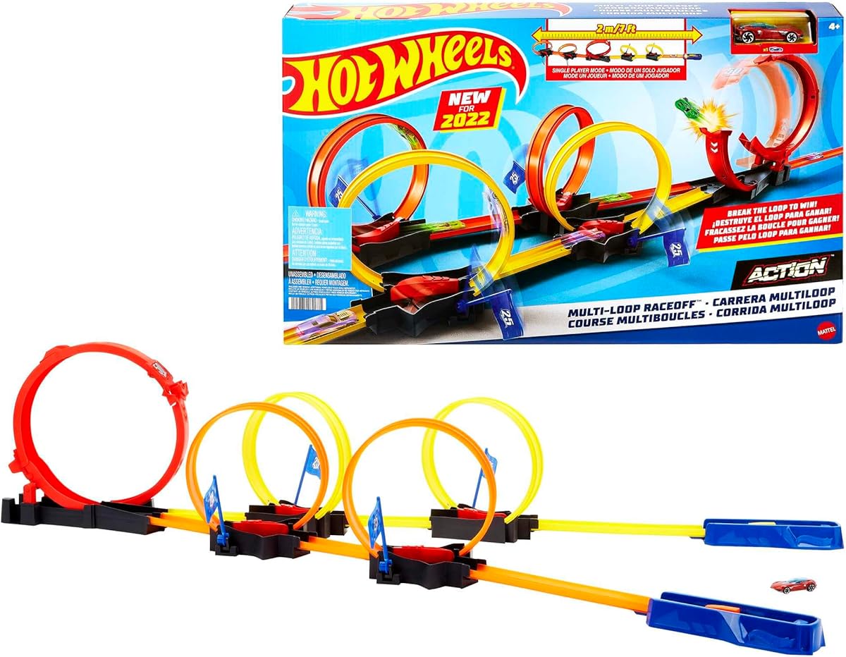 Hot Wheels® Multi-Loop Race Off™ Playset, with 1 Car, Knock Down Flags to Score Points &amp; Break The Loop, Toy for Kids 4 to 10 Years Old