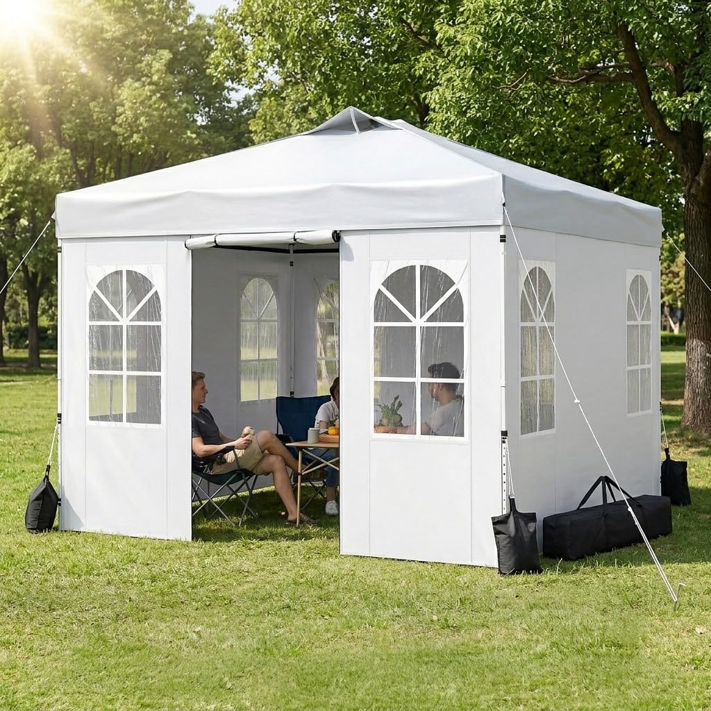 GOPLUS Carpa Plegable 3x3 M (Blanco) | Cenador Impermeable, Laterales Desmontables, 2 Puertas con Cremallera, Incluye Bolsa de Transporte para Jardín, Camping