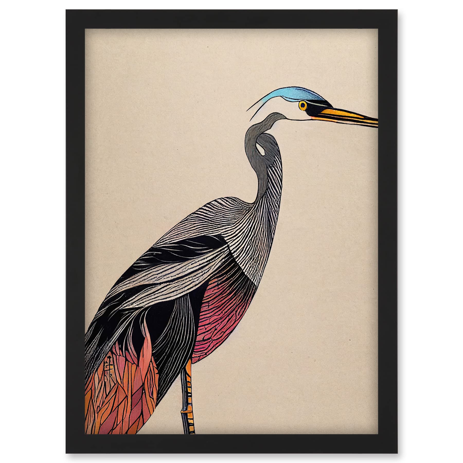 Doppelganger33 LTD Abstract Heron Bird Illustration Coral And Teal Hue Illustration Artwork Framed A3 Wall Art Print